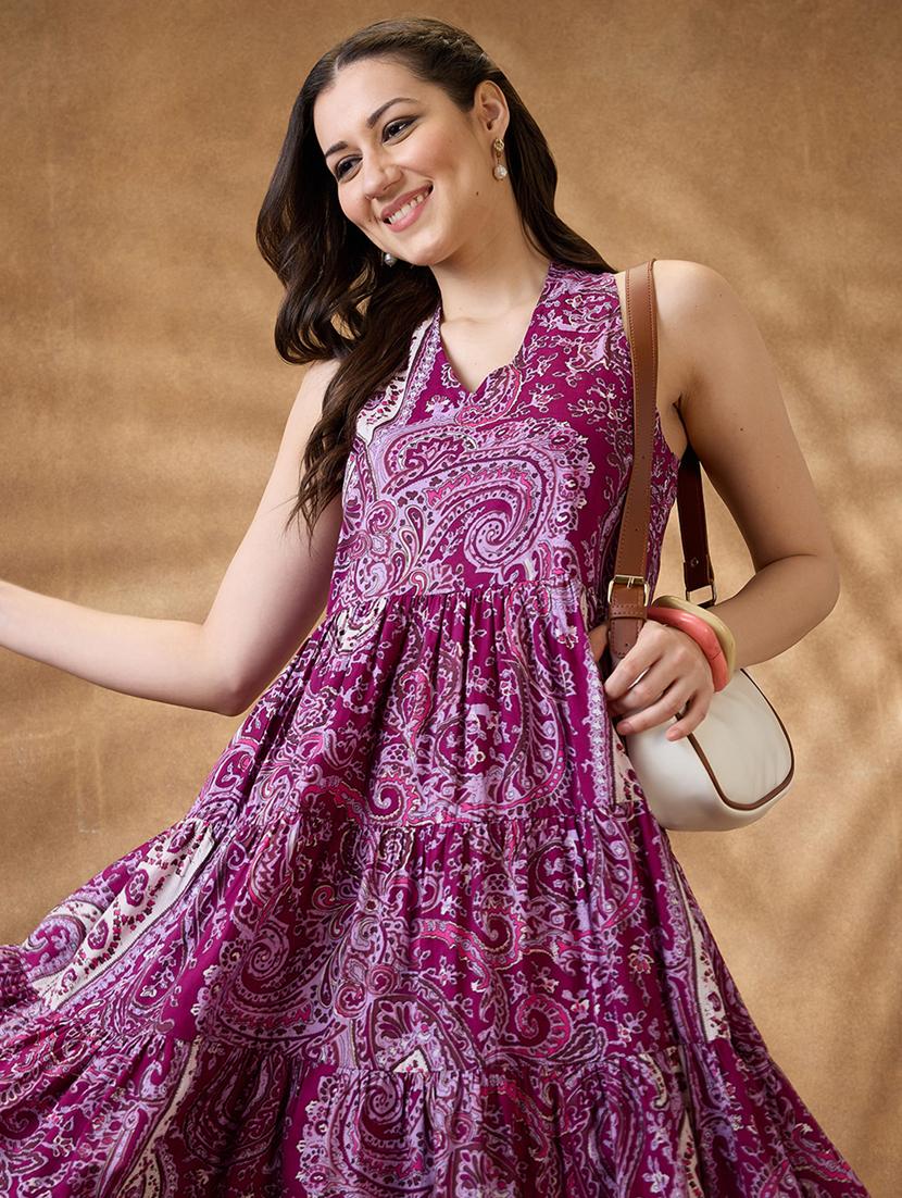 women purple paisley v neck tiered ethnic dress - 21853721 - Standard Image - 4