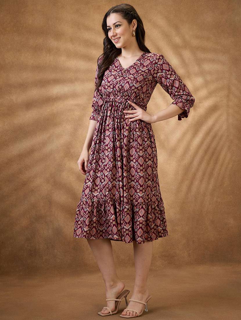 women burgundy v neck tiered ethnic dress - 21853722 -  Standard Image - 1