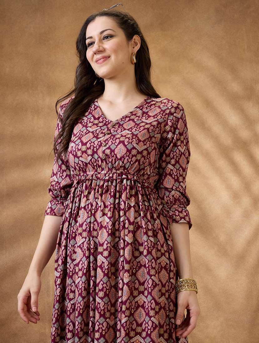 women burgundy v neck tiered ethnic dress - 21853722 -  Standard Image - 4