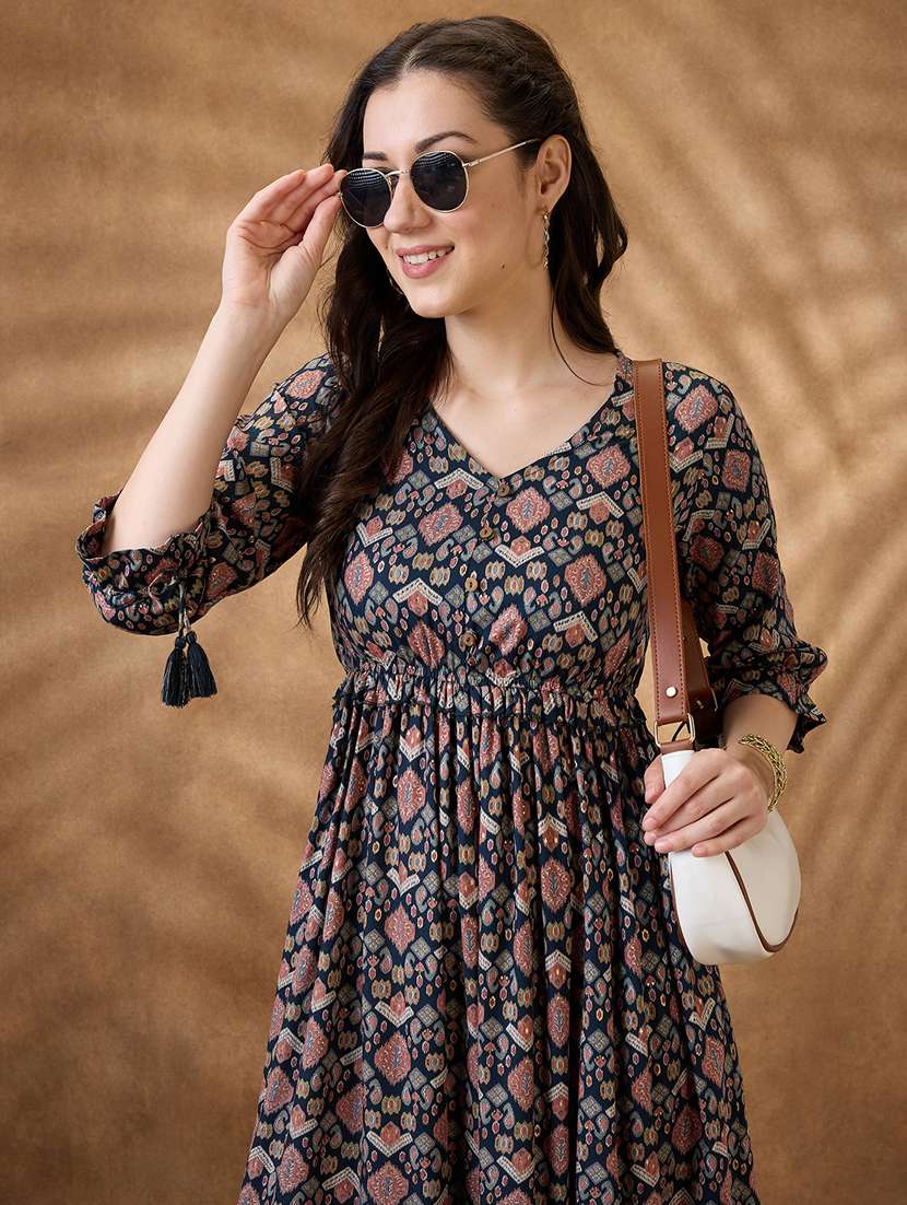 women teal printed v neck tiered ethnic dress - 21853723 -  Standard Image - 4