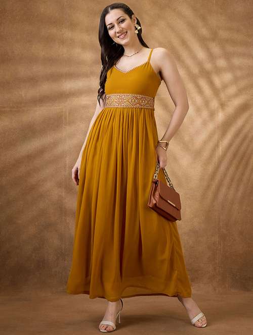 women mustard embroidered fit & flare ethnic dress - 21853724 - Standard Image - 0