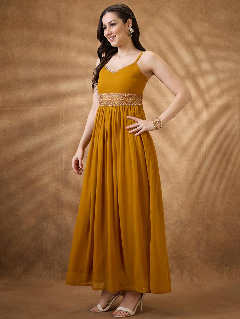 women mustard embroidered fit & flare ethnic dress - 21853724 - Standard Image - 1