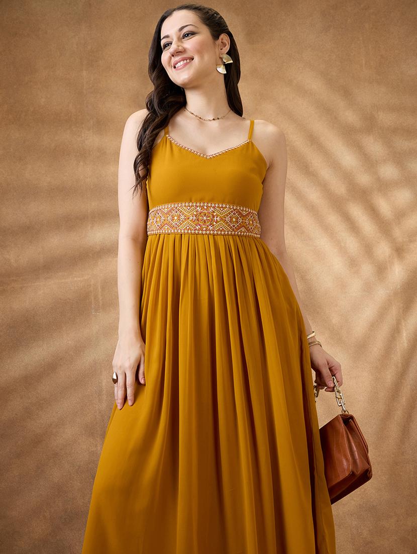 women mustard embroidered fit & flare ethnic dress - 21853724 - Standard Image - 4