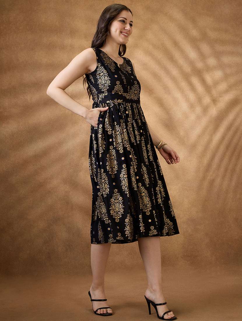 women black printed sleeveless flared ethnic dress - 21853727 - Standard Image - 1