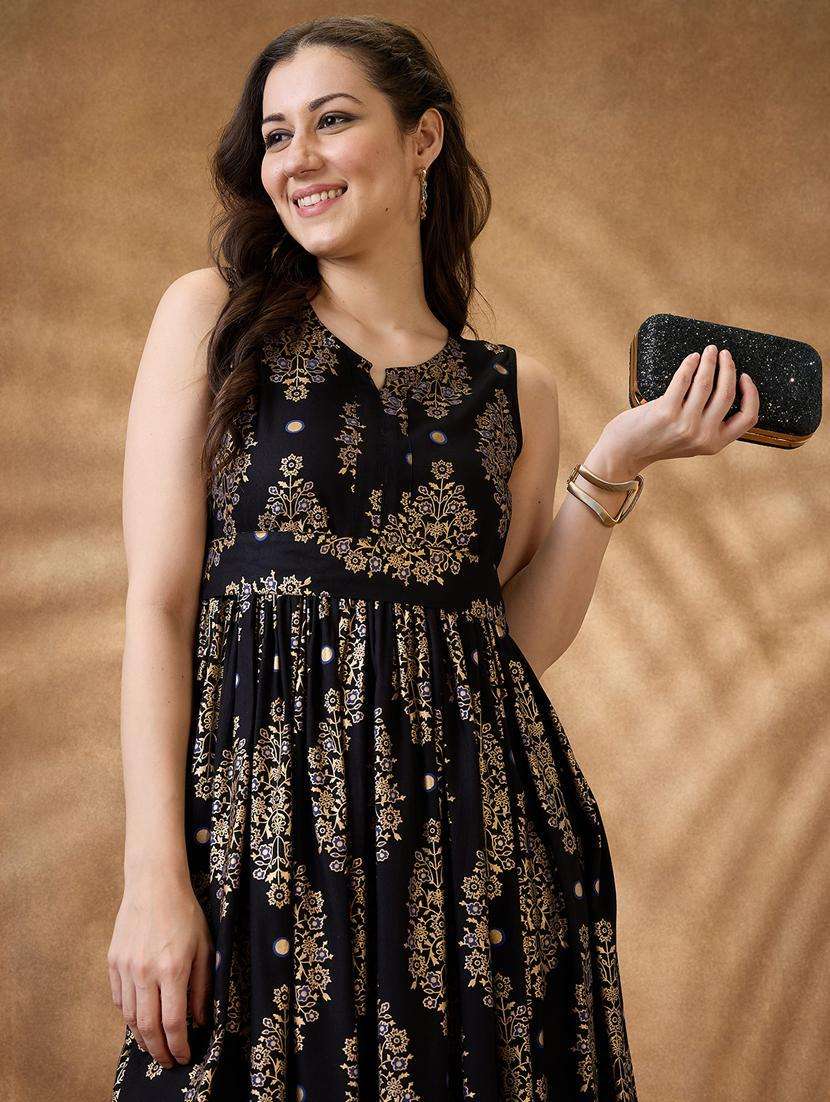 women black printed sleeveless flared ethnic dress - 21853727 -  Standard Image - 4