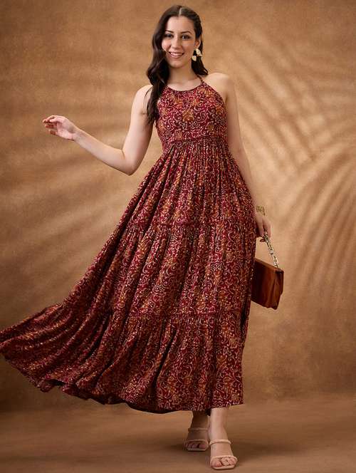 women maroon printed halter neck tiered ethnic dress - 21853730 -  Standard Image - 0
