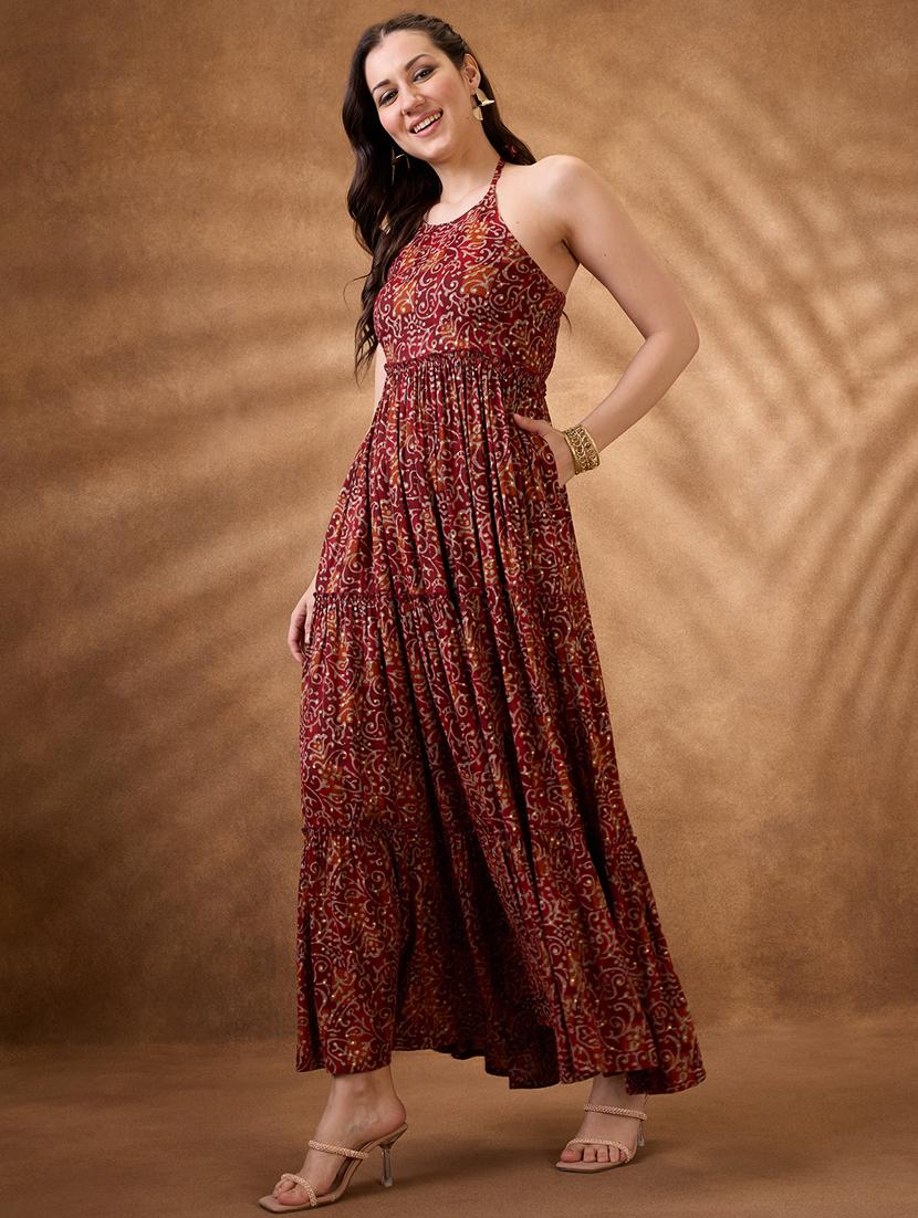 women maroon printed halter neck tiered ethnic dress - 21853730 - Standard Image - 1