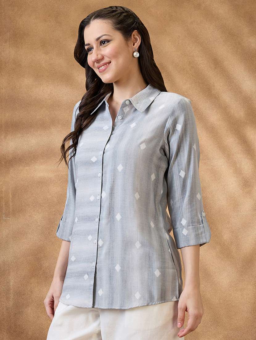 women grey self design roll up sleeve regular shirt - 21853731 -  Standard Image - 1