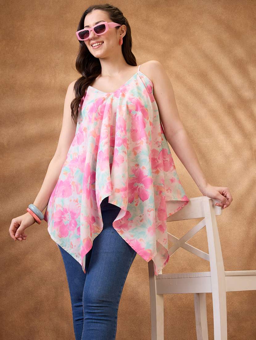 women pink floral printed shoulder strap asymmetric