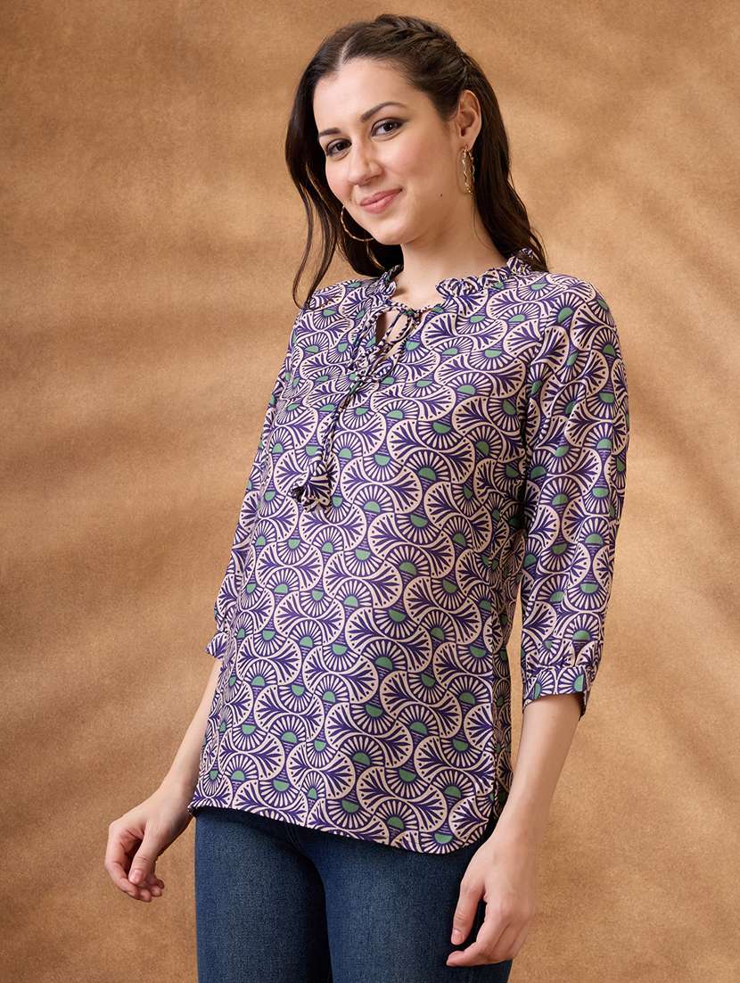women blue printed three quarter sleeve ethnic top - 21853734 -  Standard Image - 1