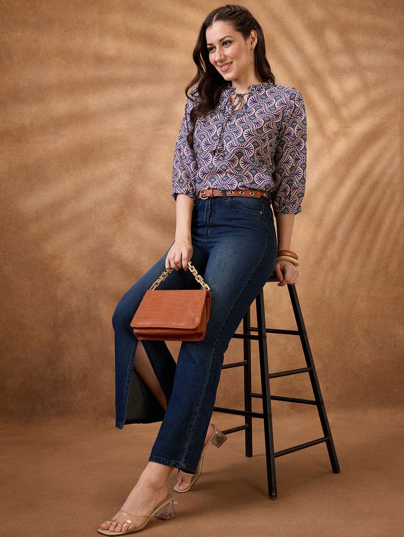 women blue printed three quarter sleeve ethnic top - 21853734 -  Standard Image - 4
