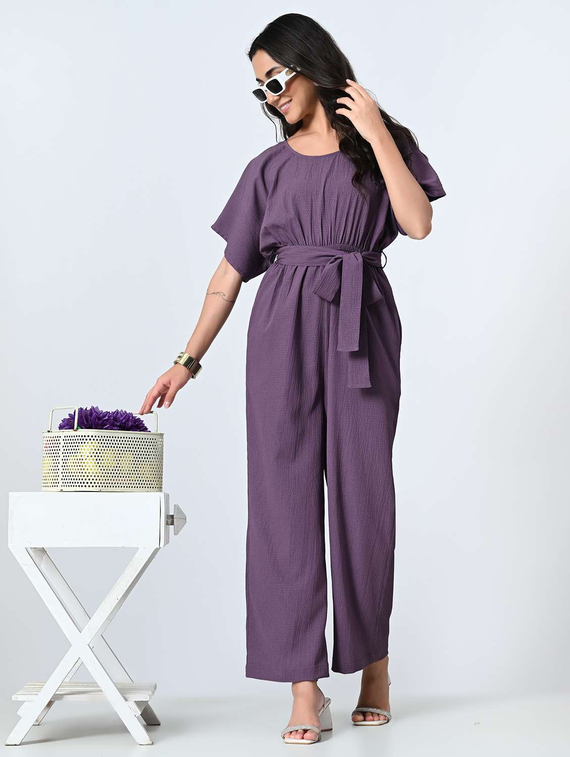 women solid batwing sleeves full length jumpsuit