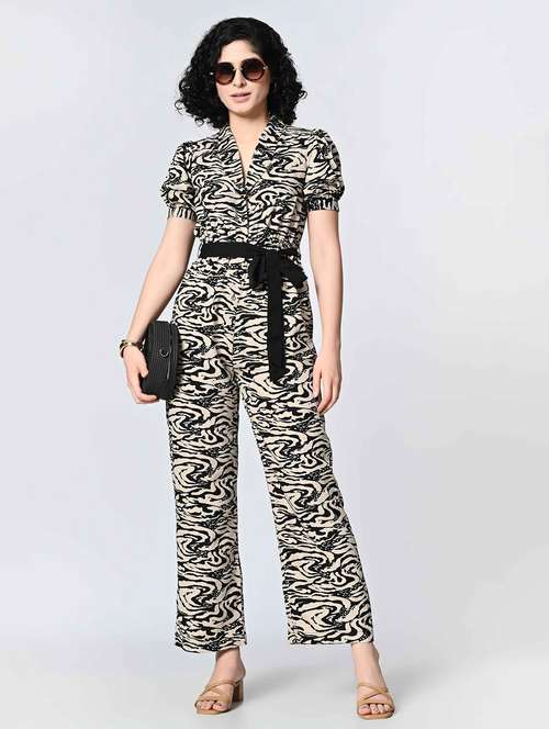 women printed puff sleeves full length jumpsuit