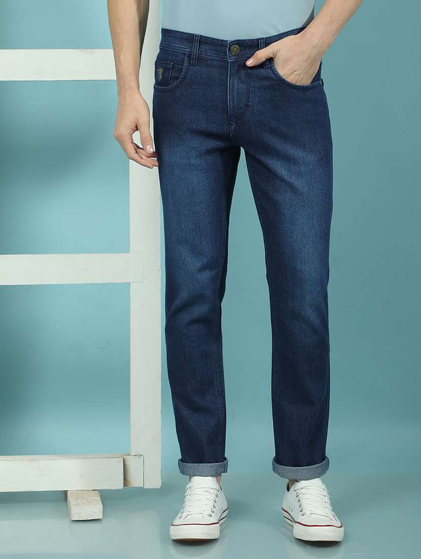 men blue low rise full length denim jean