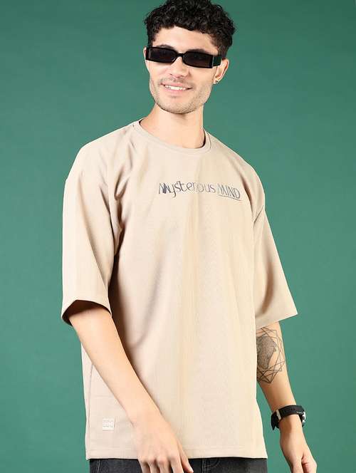 men beige typographic short sleeve regular fit t-shirt - 21853873 -  Standard Image - 0
