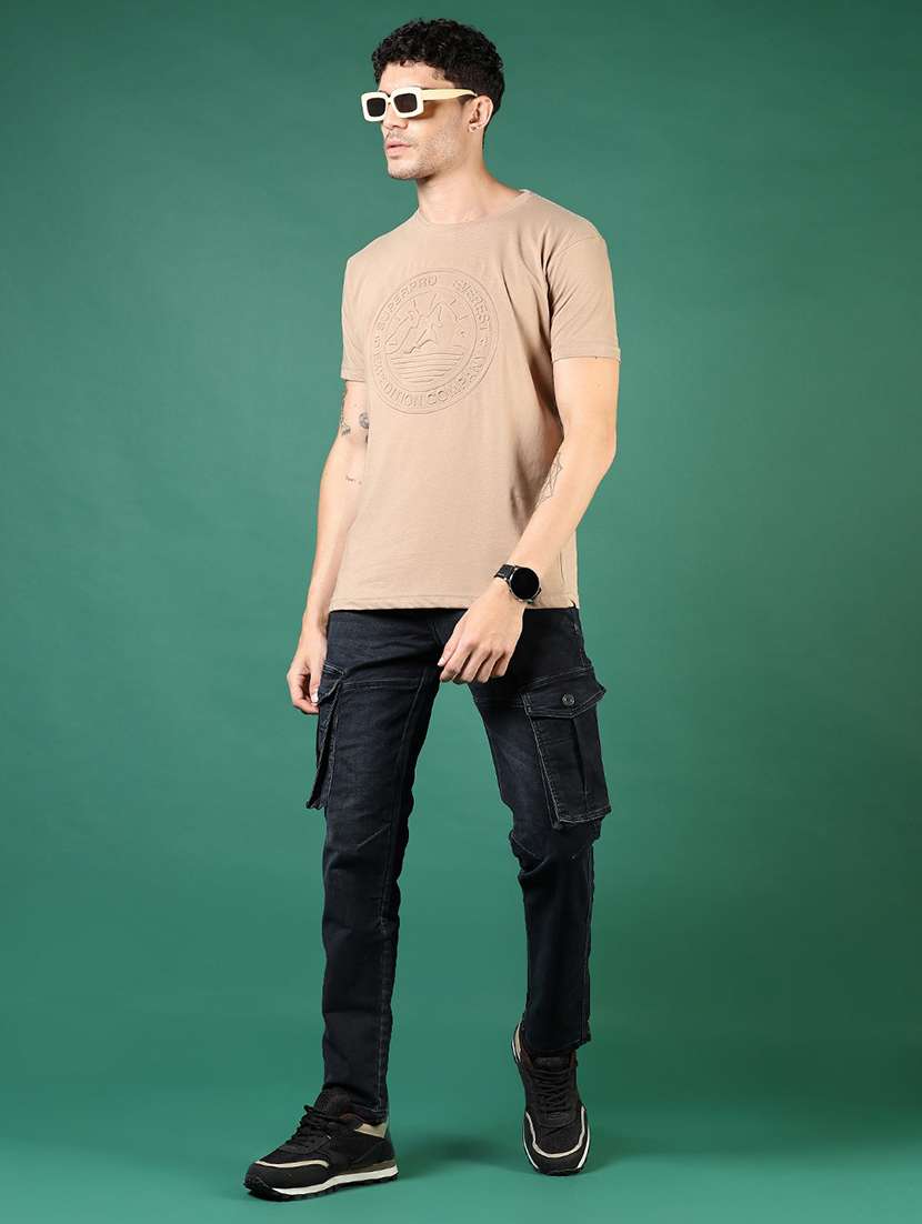 men beige self design short sleeve regular fit t-shirt - 21853879 -  Standard Image - 4