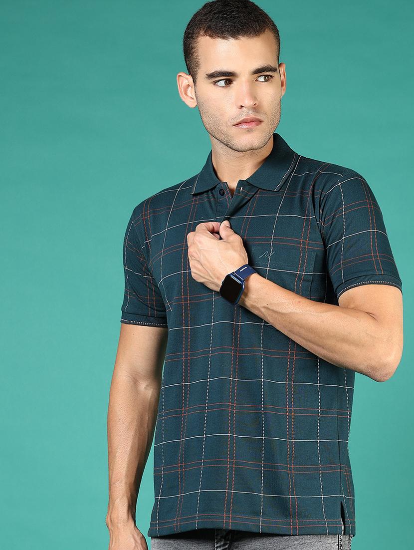 men teal checkered short sleeve regular fit polo t-shirt - 21853881 - Standard Image - 1