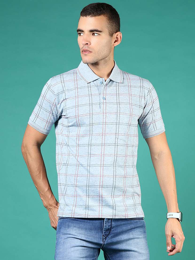 men light blue checkered short sleeve regular fit polo t-shirt