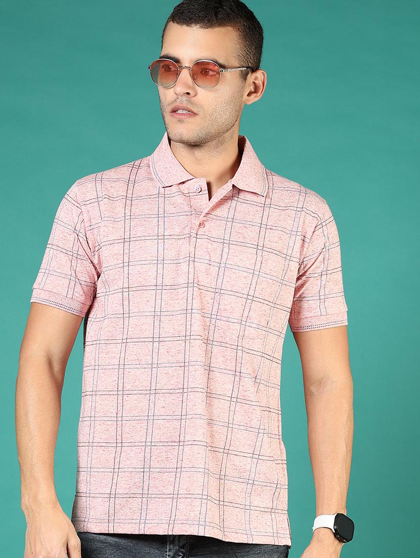 men pink checkered short sleeve regular fit polo t-shirt
