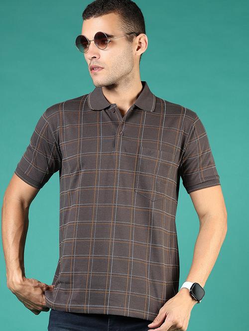 men grey checkered short sleeve regular fit polo t-shirt - 21853887 - Standard Image - 0