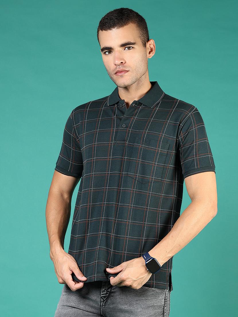 men teal checkered short sleeve regular fit polo t-shirt - 21853889 - Standard Image - 1