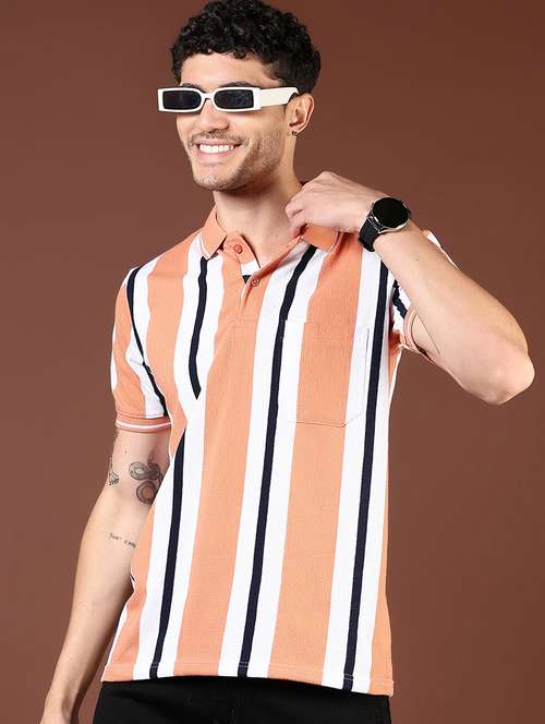 men orange striped short sleeve slim fit polo t-shirt - 21853894 - Standard Image - 0