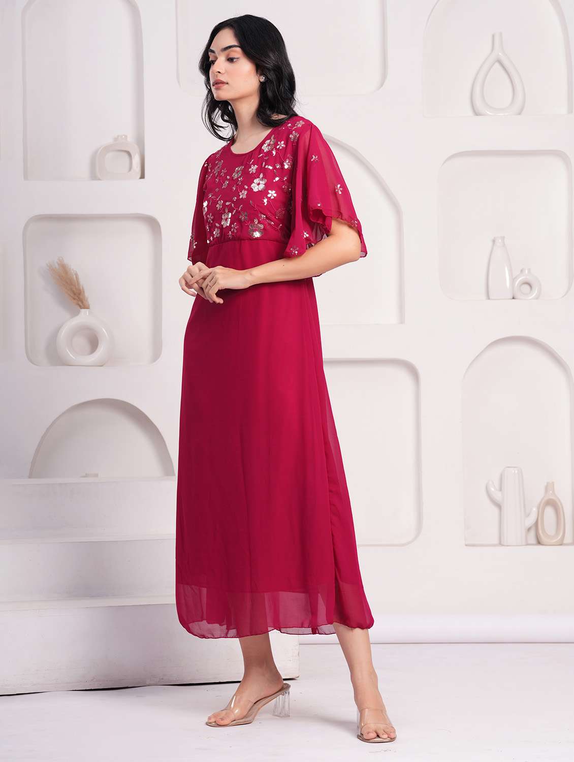 women embellished flared sleeves a-line dress - 21854038 - Standard Image - 1