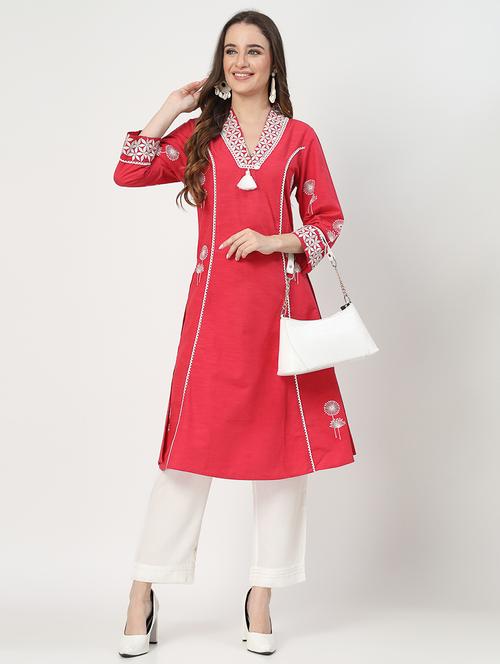 women red three quarter sleeve a-line kurta - 21854116 - Standard Image - 0