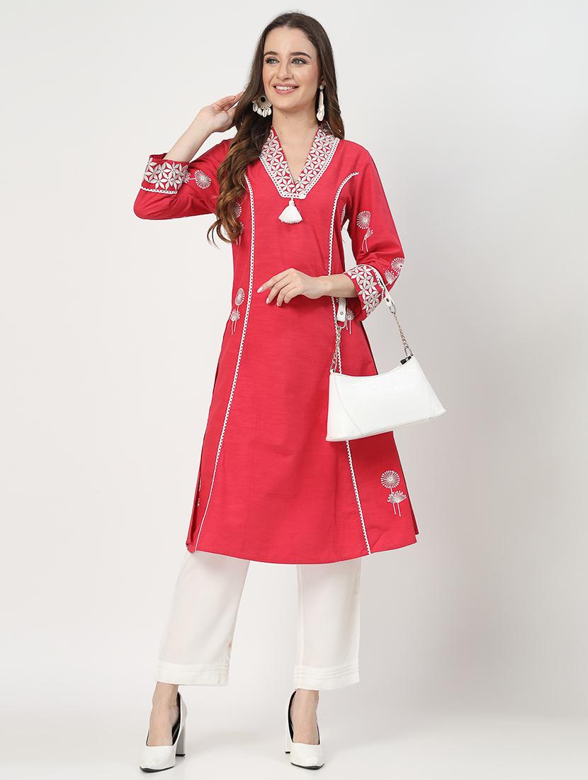 women red three quarter sleeve a-line kurta - 21854116 - Zoom Image - 0