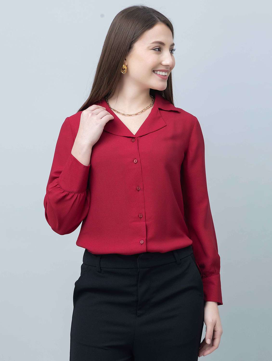 women solid collared long sleeves regular shirt - 21854168 -  Standard Image - 1