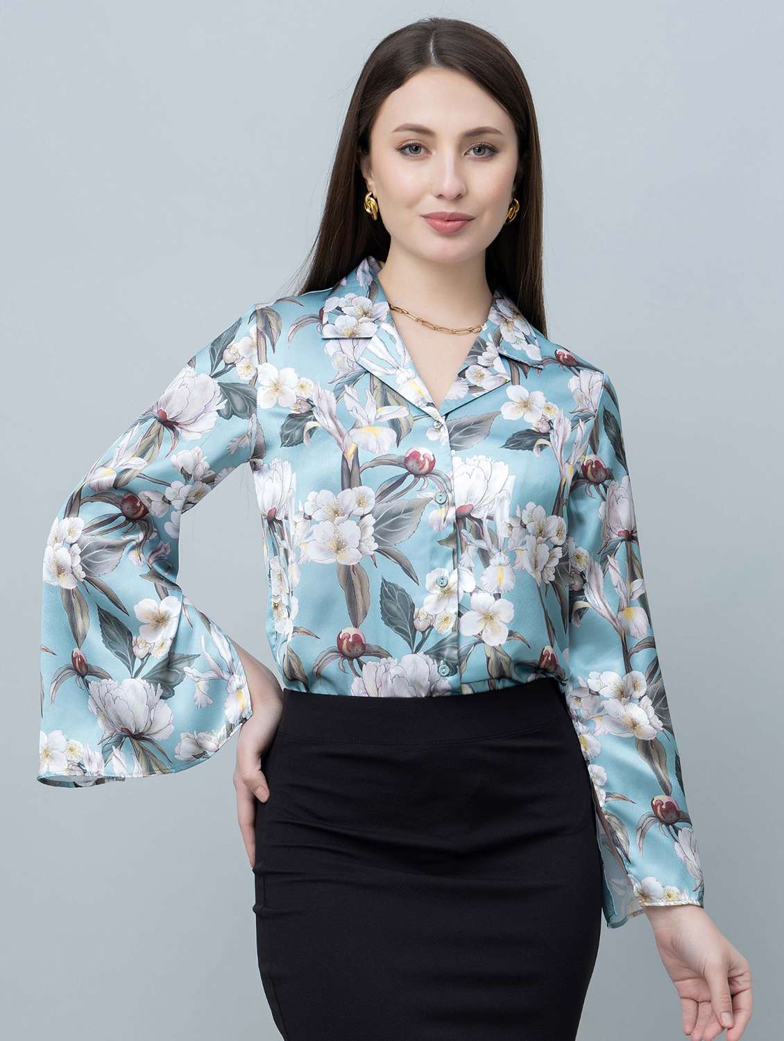 women printed cuban collar long sleeves regular shirt - 21854172 -  Zoom Image - 0