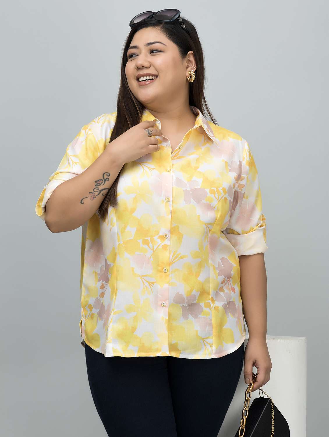 women plus size printed roll-up sleeves  shirt