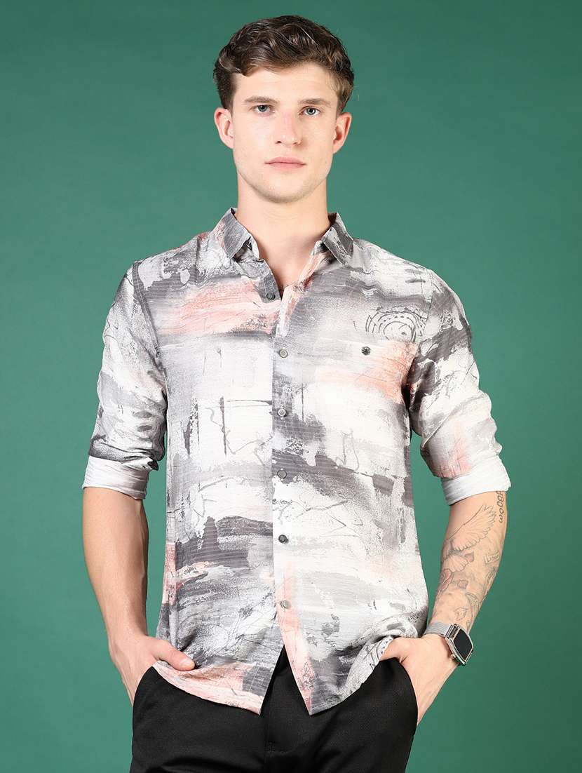men grey printed long sleeve regular fit casual shirt - 21854230 -  Standard Image - 1