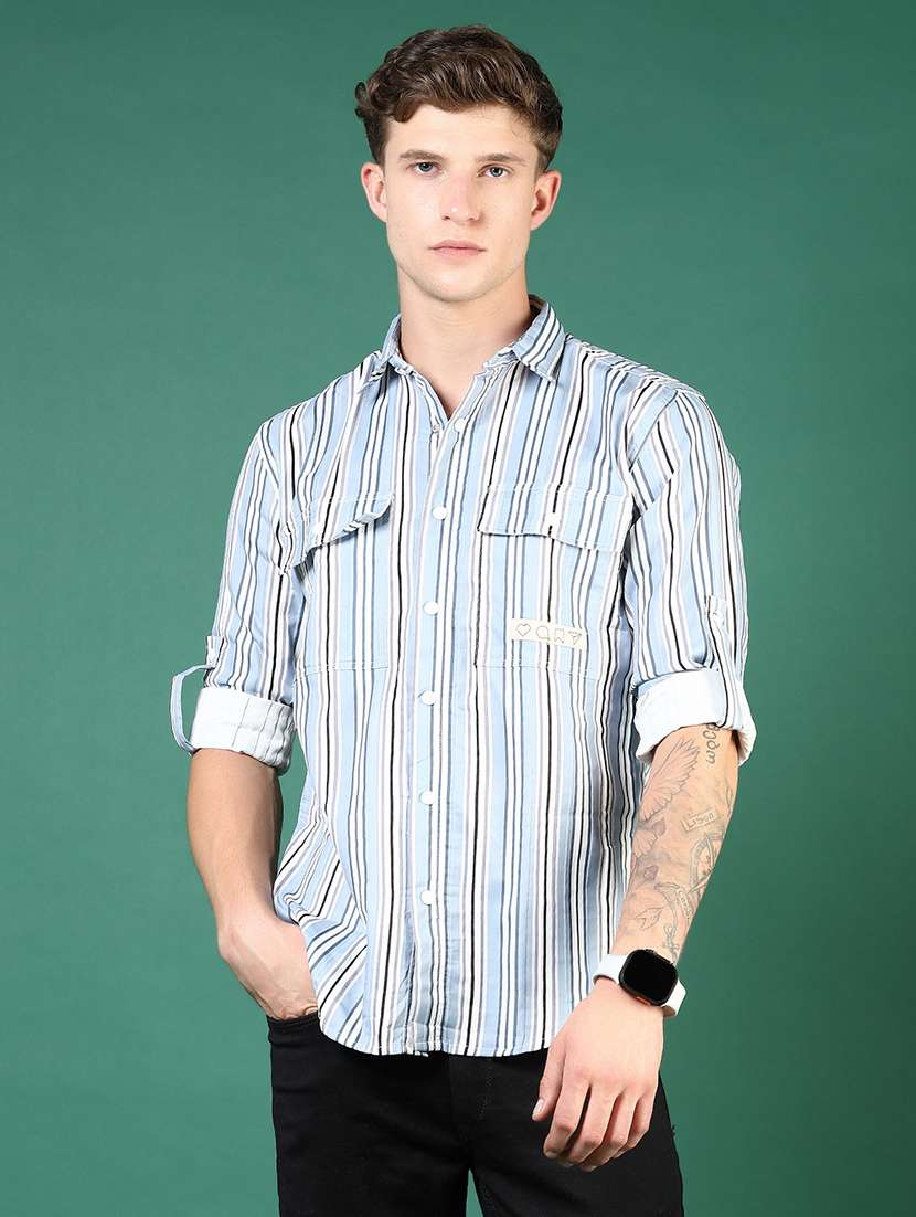 men blue stripes long sleeve regular fit casual shirt - 21854236 -  Standard Image - 1