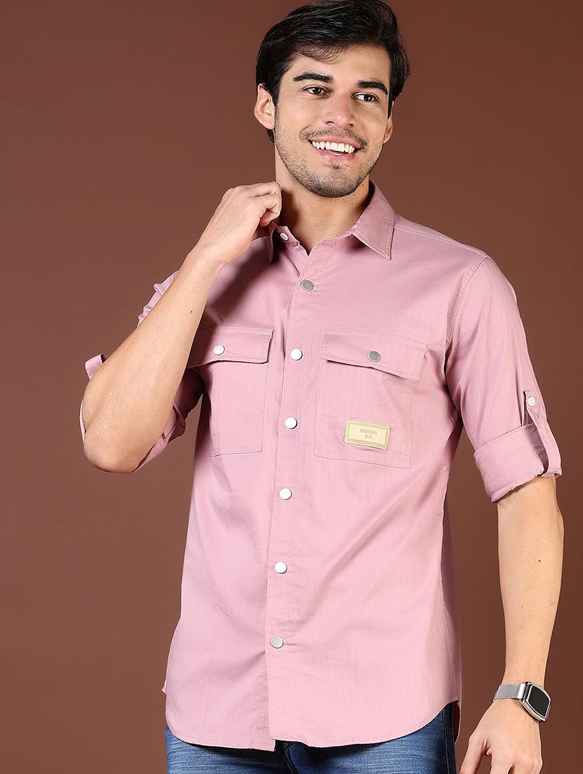 men pink solid long sleeve regular fit casual shirt - 21854245 - Standard Image - 1