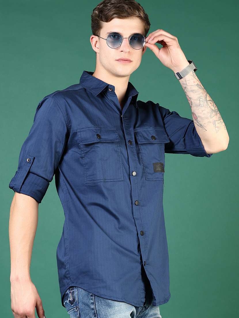 men blue solid long sleeve regular fit casual shirt 