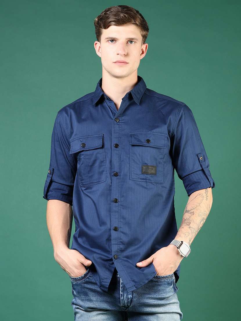 men blue solid long sleeve regular fit casual shirt  - 21854246 -  Standard Image - 1