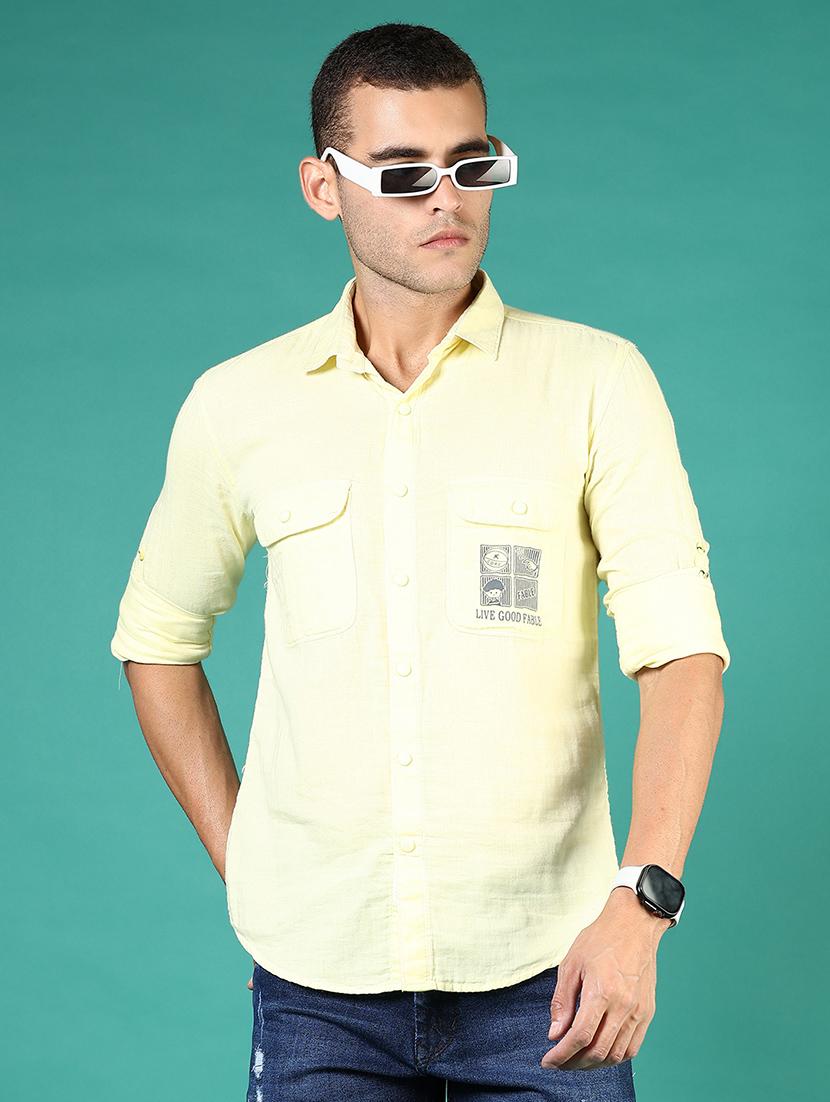 men yellow typography long sleeve regular fit casual shirt - 21854248 - Zoom Image - 0