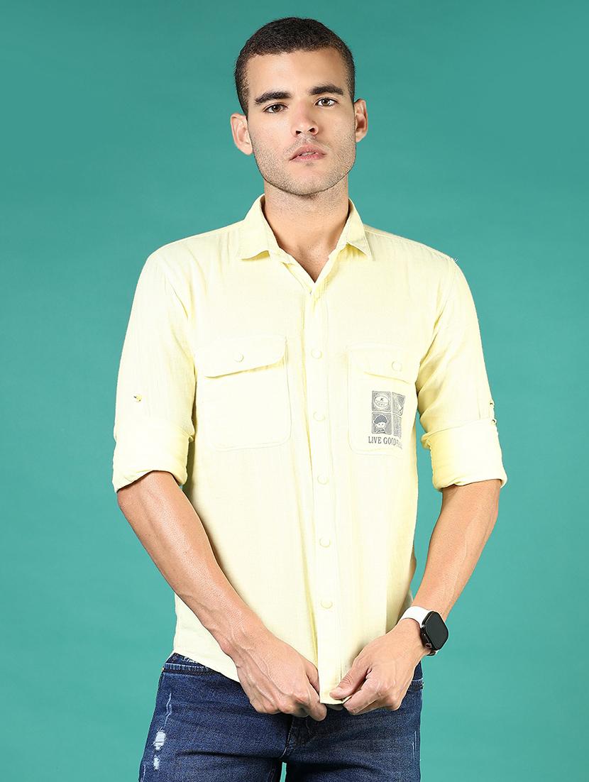 men yellow typography long sleeve regular fit casual shirt  - 21854248 -  Standard Image - 1