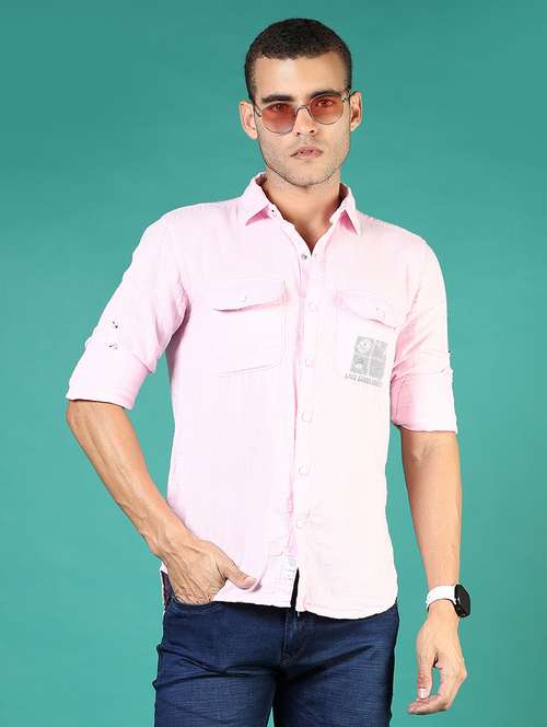 men pink typography long sleeve regular fit casual shirt - 21854249 - Standard Image - 0