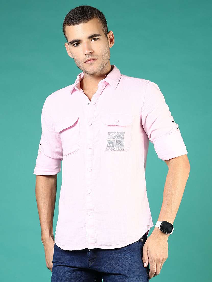 men pink typography long sleeve regular fit casual shirt - 21854249 - Standard Image - 1