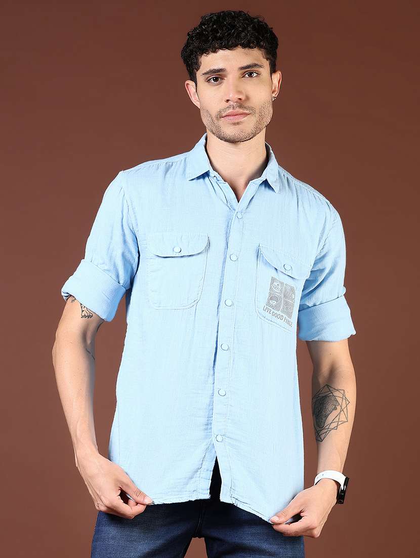 men blue typography long sleeve regular fit casual shirt  - 21854250 -  Standard Image - 1