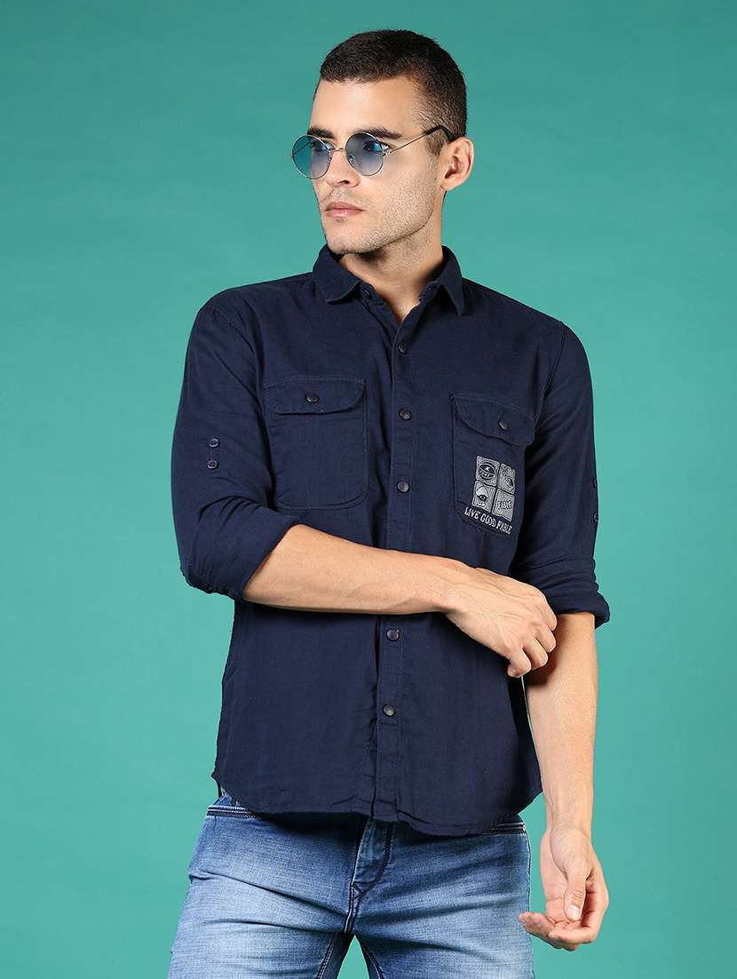 men navy blue typography long sleeve regular fit casual shirt 