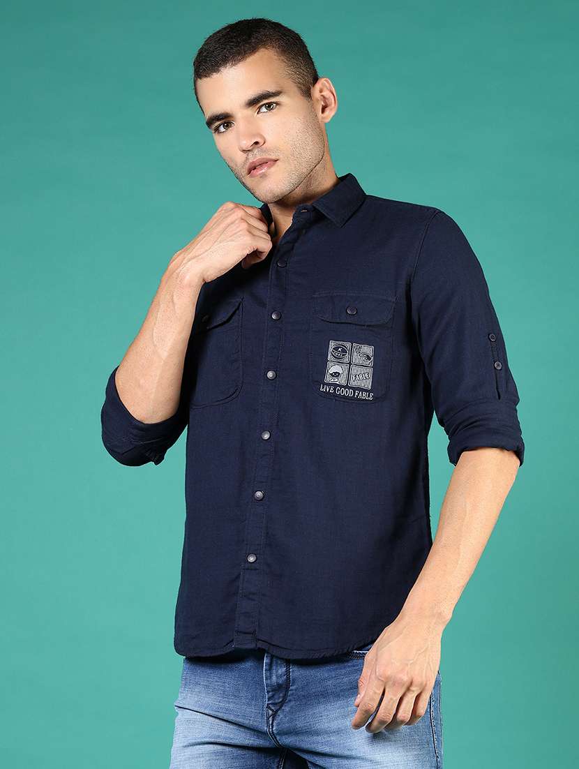 men navy blue typography long sleeve regular fit casual shirt  - 21854252 -  Standard Image - 1