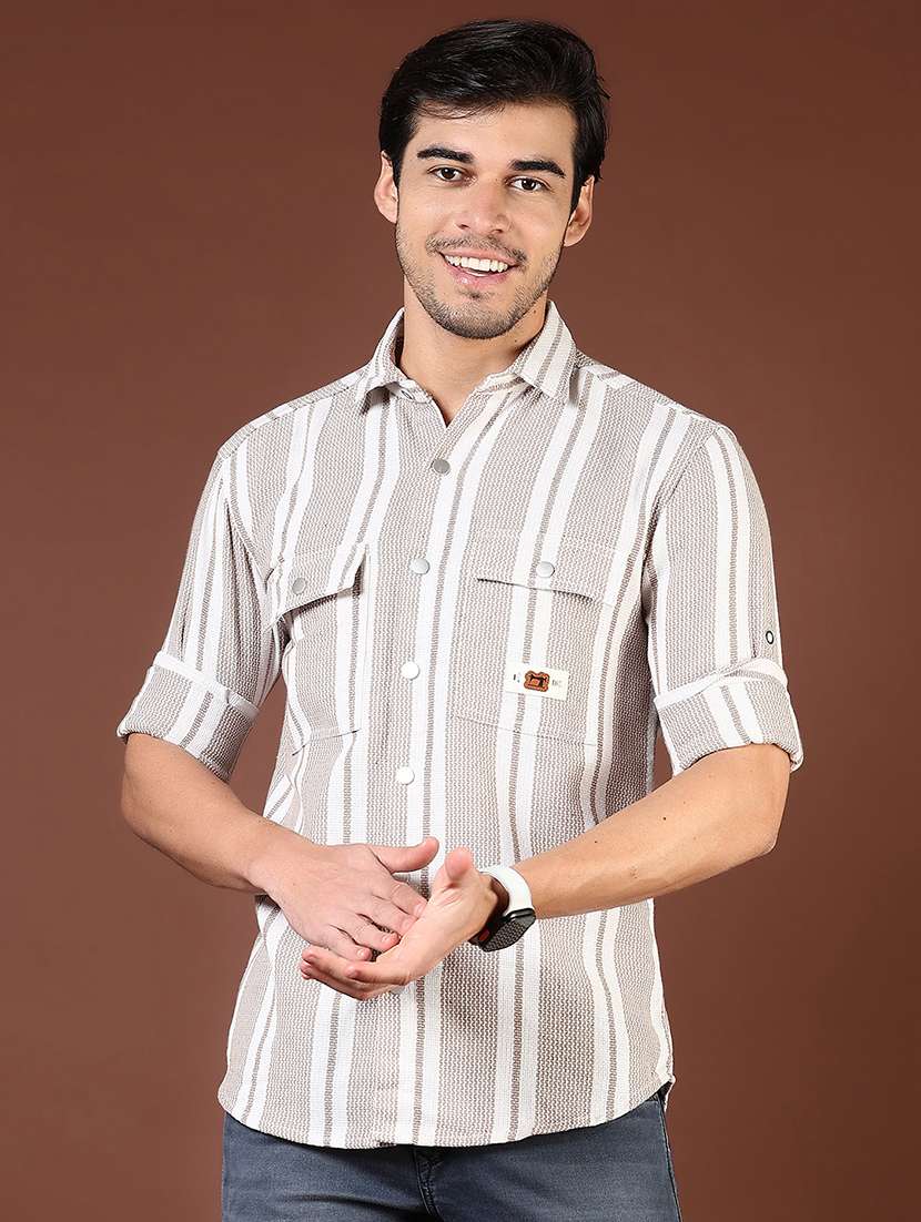 men beige stripes long sleeve regular fit casual shirt  - 21854253 -  Standard Image - 1