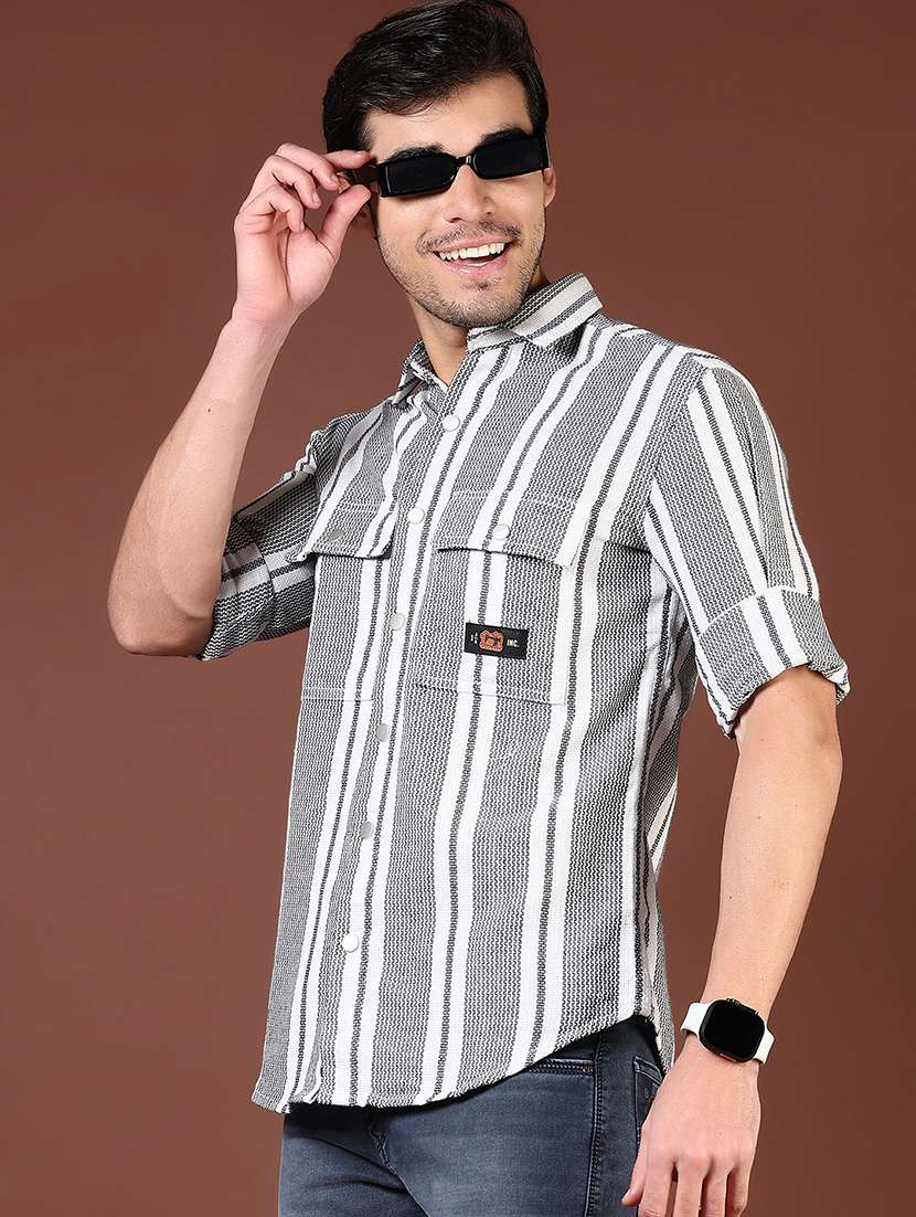 men grey stripes long sleeve regular fit casual shirt 