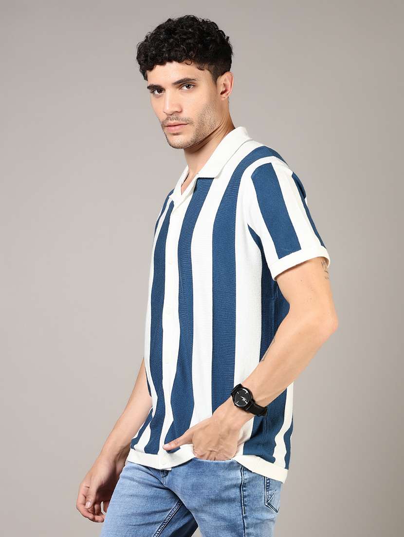men blue stripes short sleeve regular fit casual shirt - 21854299 - Standard Image - 1