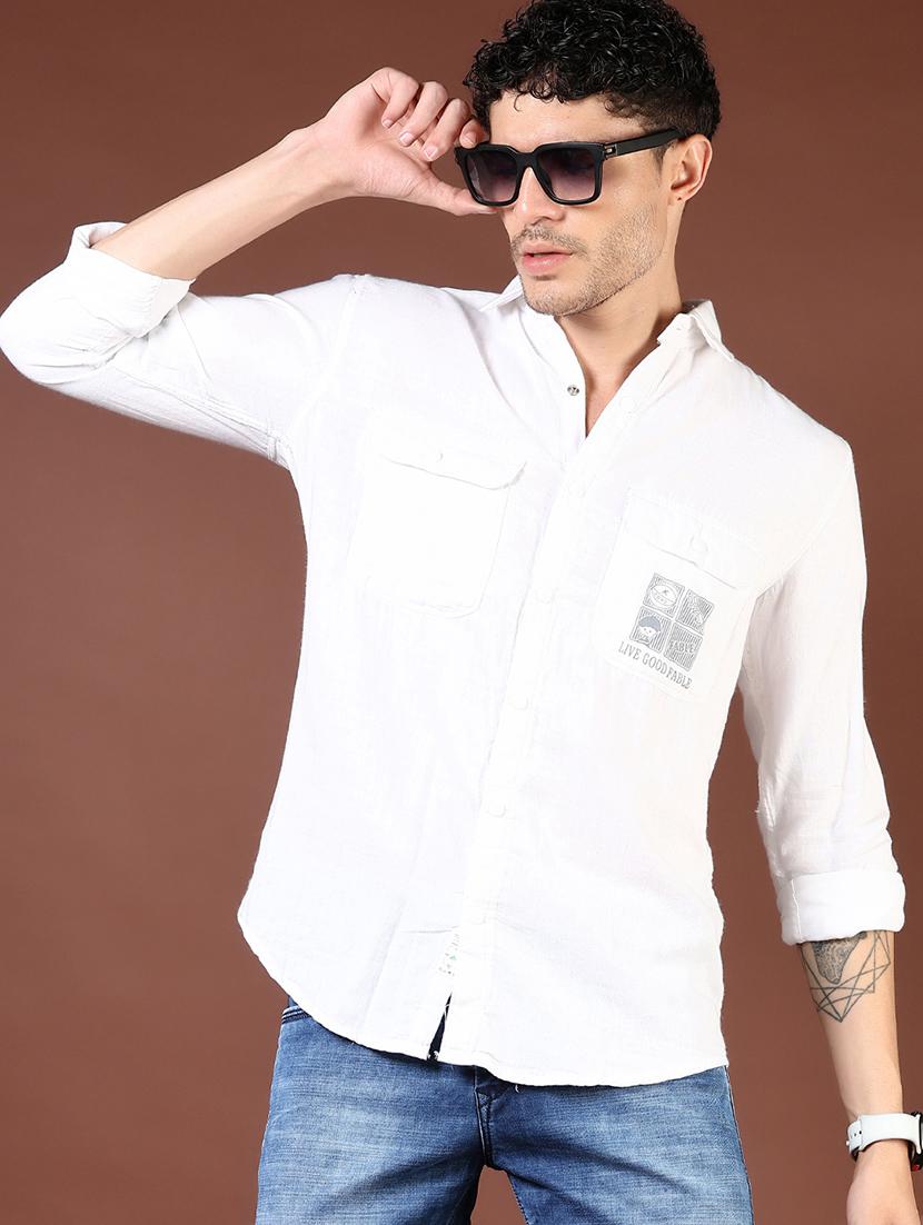 men white typographic long sleeve regular fit casual shirt - 21854314 - Zoom Image - 0