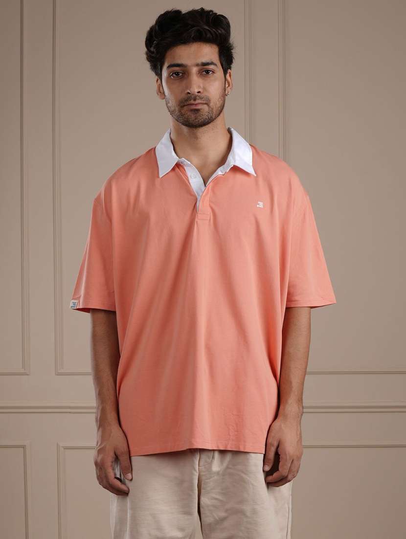 men peach solid short sleeve regular fit polo t-shirt