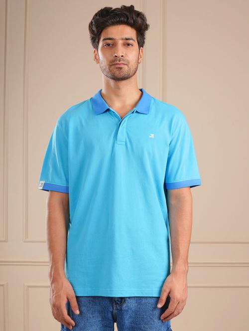 men blue solid short sleeve regular fit polo t-shirt - 21854335 - Standard Image - 0